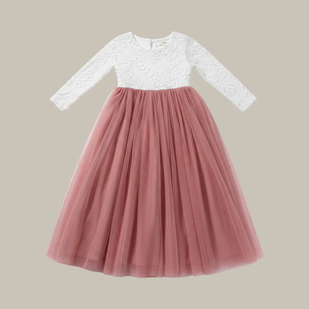 2BUNNIES Toddler Girls Lace Tulle Maxi Dress Dusty Rose White 3T Flower Girl